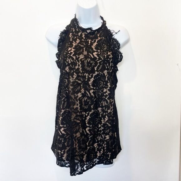 Talia Sleeveless Black Lace Halter Neck Top Floral Crochet Design Size Large - Picture 4 of 12